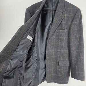 Vintage Oleg Cassini Men's Wool Plaid‎ Blazer Jacket Dark Gray Brown Size L